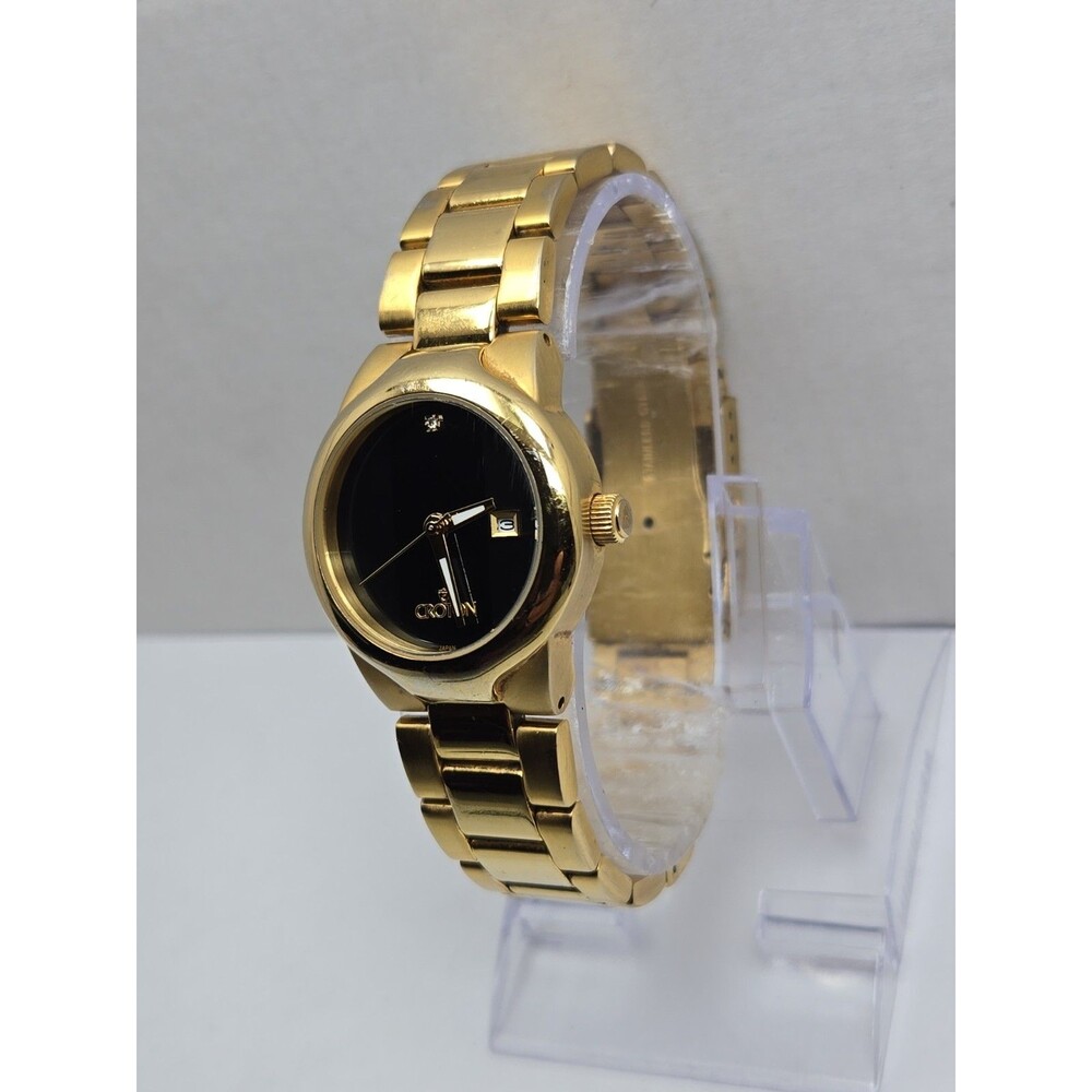 Croton Womens Gold Tone Black Dial Diamond Date Quartz Watch New Battery - Read - Picture 2 of 13